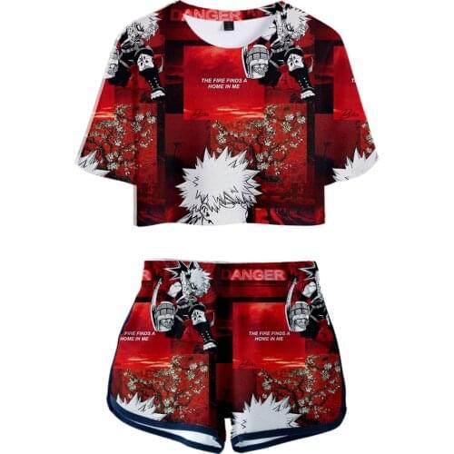 Popular 3D Comic My Hero Academia Womens Two Piece Sets Exposed Navel t shirt and Shorts Casual Summer Girls Cartoon Red Suits