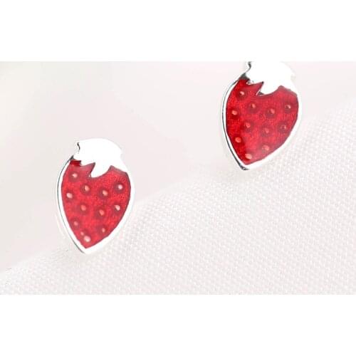 100% 925 Sterling Silver Enamel Strawberry Stud Earrings for Women Girl Gift Jewelry pendientes boucle d oreille eh716