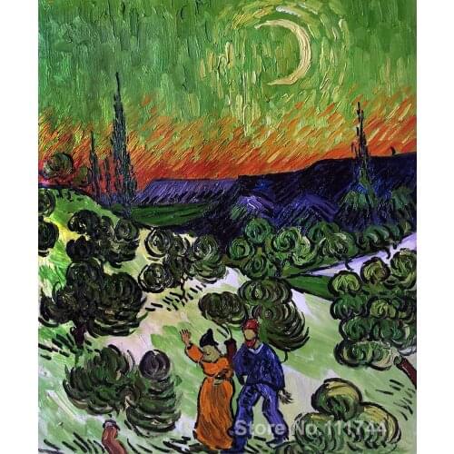 Vincent Van Gogh paintings of Landscape with Couple Walking and Crescent Moon impressionism art High quality Hand painted