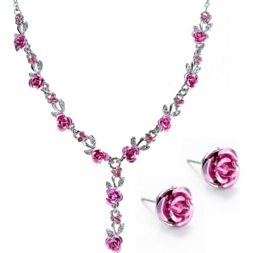 Vintage Rhinestone Acrylic Rose Stud Earrings Necklace Combination Set For Women Elegant Flower Jewelry Sets Wedding Jewelry
