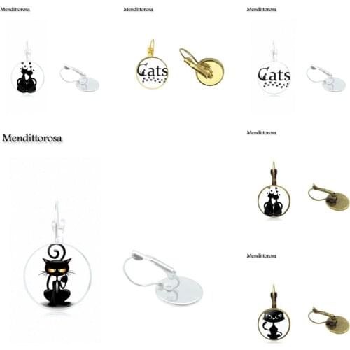 Mendittorosa Cat Kitten Jewelry Glass Cabochon Bronze/Silver/Golden Clip Ear Hook Drop Earrings For Unisex