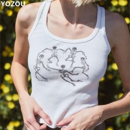 Women 90s vintage Skull pattern printting ribbed cotton crop top cropped tank cami white summer top for female
