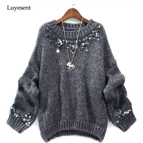 Women round neck handmade sequin beading long sleeve pullover sweater 2021 autumn winter lady top femme mujer casual knit wear