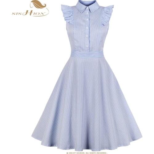 SISHION Shirt Dress Sleeveless Elegant Ruffles Striped 50s 60s Cotton Women Plus Size Vintage Dresses VD0810