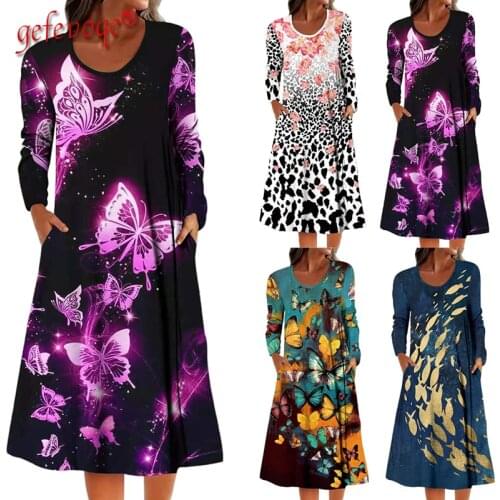 Autumn Women O Neck Long Sleeve Dresses Loose Lady Casual Elegant Street Style Rebo Butterfly Print Party Midi Dress Jupe Femme