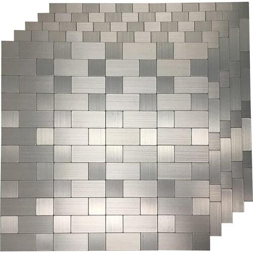 5 Pcs Peel and Stick Backsplash Tiles Self adhesive Stainless Steel Kitchen Silver Brushed Metallic Mosaic Wall Self Stick Tiles