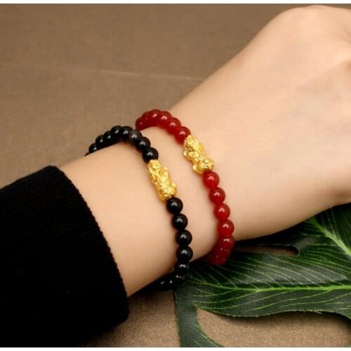 3 Colors for Choice Imitation 3D Hard Gold Beads Obsidian PIXIU Bracelets 6mm Beads Chain String Garnet Jewelry Wholesale