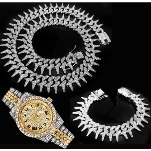 3pcs Kit 25MM Hip Hop Heavy Iced Out Cuban Bling Link Full AAA Crystal Pave Watch+Thorns Necklace+Bracelet for Men Jewelry