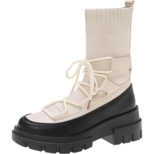 ADBOOV Fashion Sock Boots Women Thick Sole Platform Women Boots 2020 Autumn Leather Mid Calf Boot Ladies