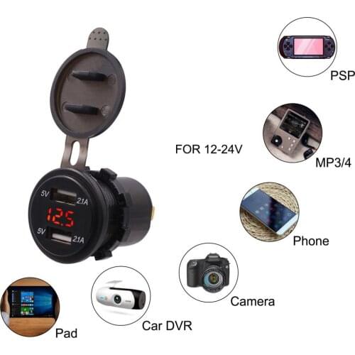 Car Boat 12V 4.2A Dual Port USB Charger Socket Voltage Voltmeter Red Car Accessories