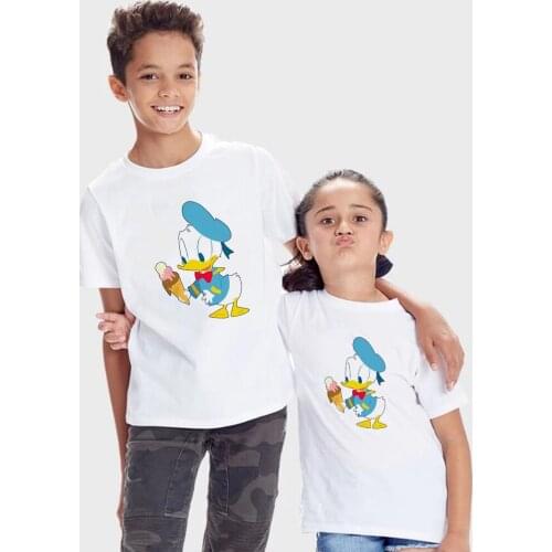 90cm-150cm Disney T-shirt Children Cartoon Donald Duck Eat Ice Cream Tshirt White Top Loose Harajuku Girl Boy Kids T shirt