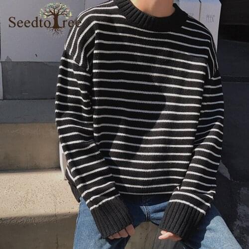 Mens Sweater Korean Ins Solid Color Striped Sweater Loose Lazy Round Neck Couple Outfit Pullover