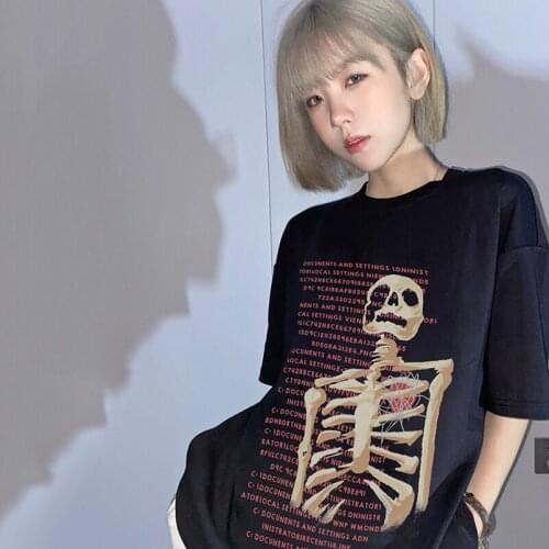 Graphic Punk Grunge Gothic Skeleton Letter T-Shirt Kpop Summer Harajuku Kpop Streetwear Chic Hip Hop Casual Oversize Women Tops