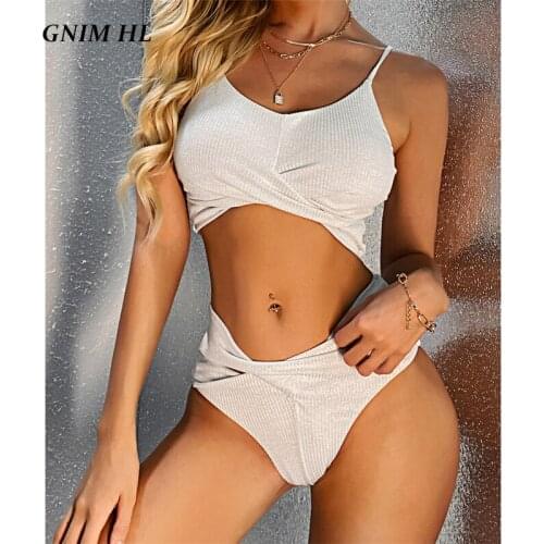 GNIM Sexy Shiny Bikini 2021 New Swimwear Women Push Up Bandeau Swimsuit Female 2 Pieces High Waist Solid White Swim Bather Suit