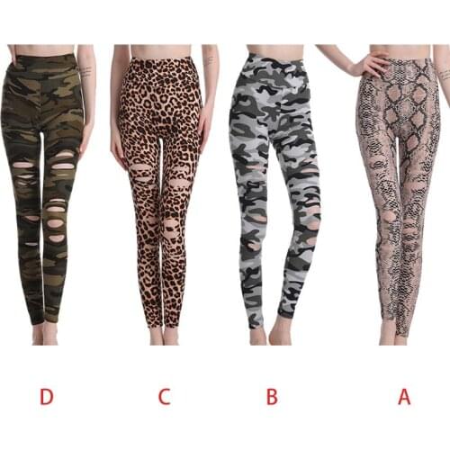 Women Summer High Waist Leggings Cutout Ripped Hole Workout Tights Snakeskin Leopard Camo Print Sports Running Skinny Leggings