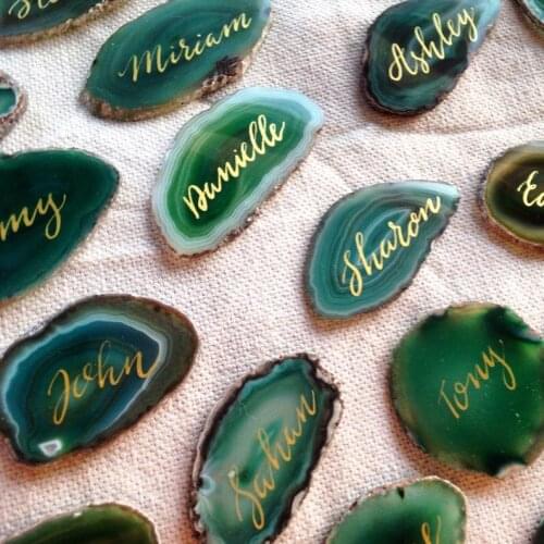 Wedding Party Place Cards On Agate Slices in Green, Purple, Blue, Brown - Escort Cards, Placement Cards, Outdoor Garden Party Ac