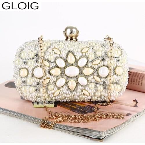 Metal Beading Party Handbags Shoulder Chain Pearl New Design Day Clutches Rhinestones Wedding Bridal Purse