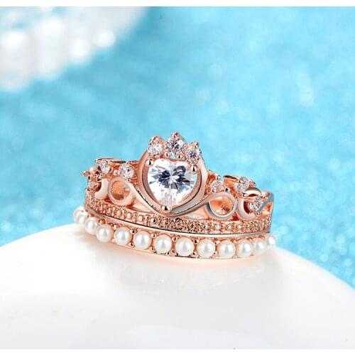 Fashion Luxury An Crown Crystal Ring Charm Women Inlay Heart Shaped Zircon Ring Romantic Bride Wedding Engagement Ring Jewelry