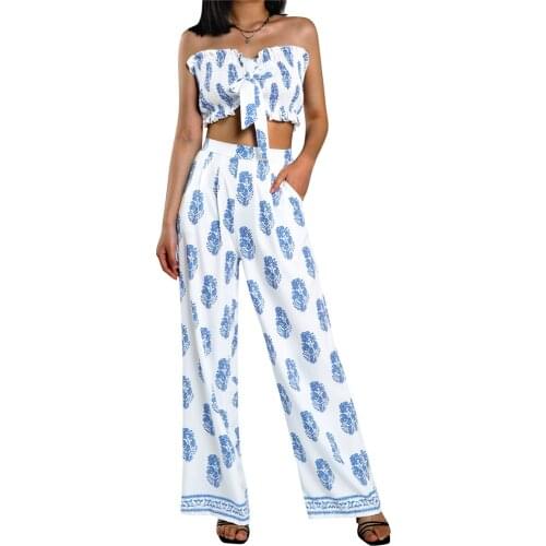Fashion Women 2 Pieces Outfit Set Summer Floral Print Sexy Sleeveless Strapless Crop Tops Long Loose Flare Pants White Navy Blue