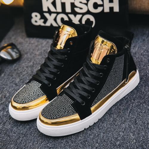 2020 Cool Men High Top Men Gold Glitter Sneakers Lace Up Crystal Platform Flats Gold Shoes Man Sequins Bling Shoes AC-2