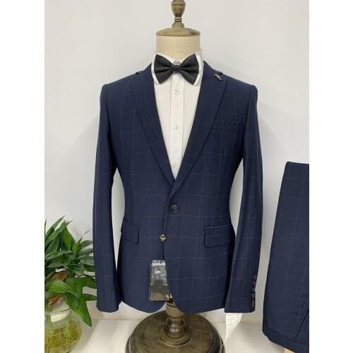 Tailor-made navy blue Plaid wedding suits for men slim fit lapel bridegroom party business casual man coat Blazer Jacket pants