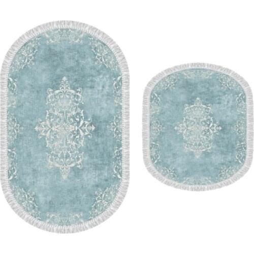 Oval Fringed 2 Pieces Bathroom Mat Set Turquois Colour Non Slip - Velvet Digital Print - 60*100 cm / 60*50 cm Alberta