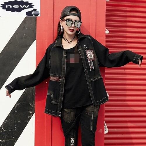New Women Spring Single Breasted Printed Jean Jacket Street Style Hip Hop Bomber Denim Coat Black Boyfriend Outerwear L XL