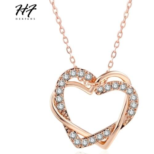 Heart to Heart Style pendant Necklace for Women Rose Gold Color Chain AAA Cubic Zirconia Jewelry for Wedding Xmas Gift N062 N063