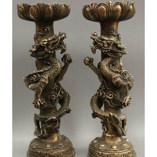 Song voge gem S3077 15" Chinese Bronze Copper Dragon Statue Buddhism Lotus Candle Stick Holder Pair