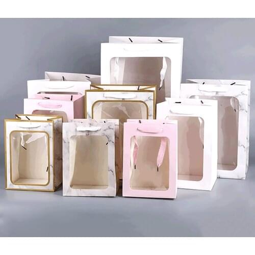 Gift Wrapping Paper Bag With Transparent Window Flowers Packaging Bag With Hand Rope Valentines Day Wedding Party Decoration