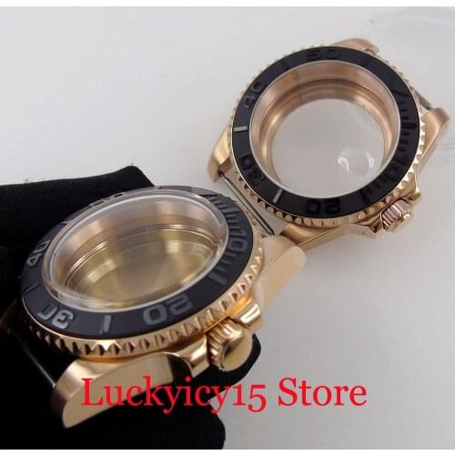Fit NH35A NH36A SUB Rose Gold Coated Watch Case Domed / Sapphire Glass YM Black Insert Glass Screw Back