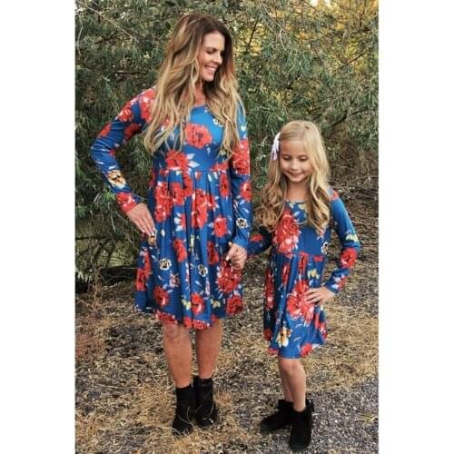 Matching Womens Girls Boho Beach Holiday Family Long Sleeve Clothes Mother and Daughter Floral Dress