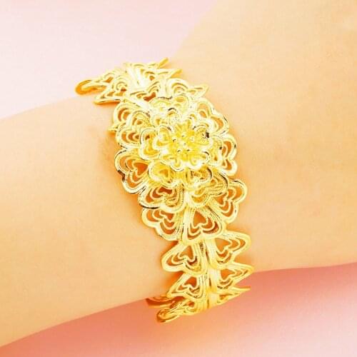 Hollow Wide Cuff Bracelets & Bangles For Women Men Real 24K Gold Color Open Big Female Bangle Bracelets Fashion Jewelry Pulsera