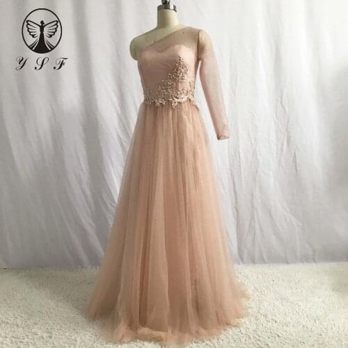 Simple but Elegant Coral Pink One Shoulder Appliqued Beaded Stones Long Sleeve Floor Length Prom Dresses