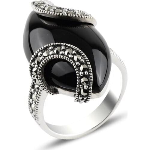 Silver 925 Sterling Onyx & Marcasite Ring