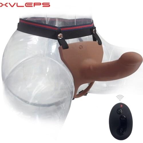 Xvleps Remote Control Hollow Strapon Dildo Vibrator for Men Gay Male Penis Extension Vibrating Strap on Dildo with Harness