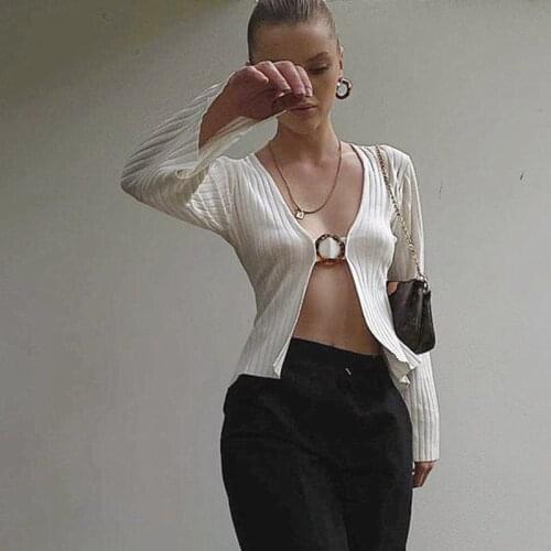 Fantoye V-neck Ring Circle Design Hollow Out Sexy Tshirt Women Fashion Rib Knitted Long Sleeve Short Tops White Slim Tops 2020
