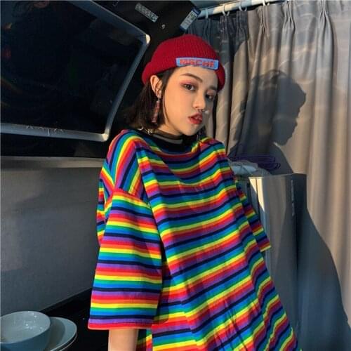 Womens short-sleeved t-shirt summer dress plus size loose rainbow stripes mid-length top vintage clothing dropshipping
