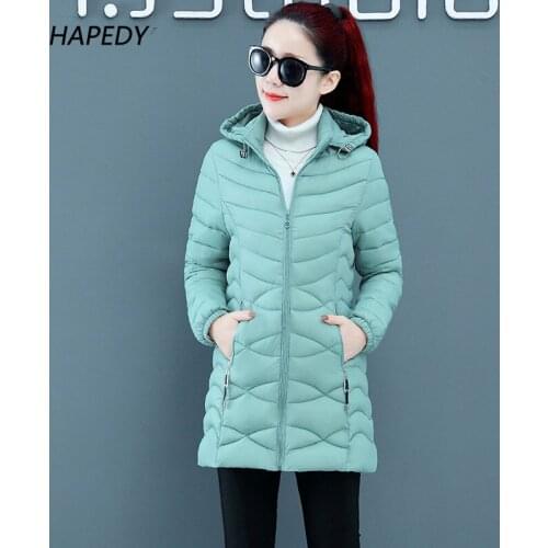 Womens warm cotton padded jacket women 2021 slim fashion light plus size mid-length overcoat female casual solid color parkas