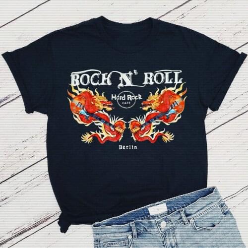 Rock N Roll Dragon Print Female American Vintage Tees Short Sleeve Cotton O Neck Cool Tops Summer Loose Casual 80s Tshirts