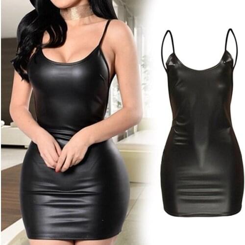 Women Leather Dress Sexy Spaghetti Strap Black Mini Dress Party Club Backless Faux Leather Slim Female Bodycon Dress Plus Size