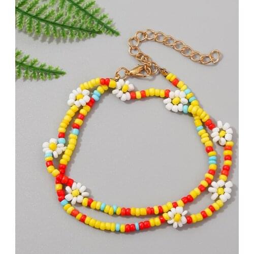 Beach Style Bohemian Female Fashion Handmade Beaded White Flower Bracelet For Women Multicolor Glass Beads Double Layer Bracelet