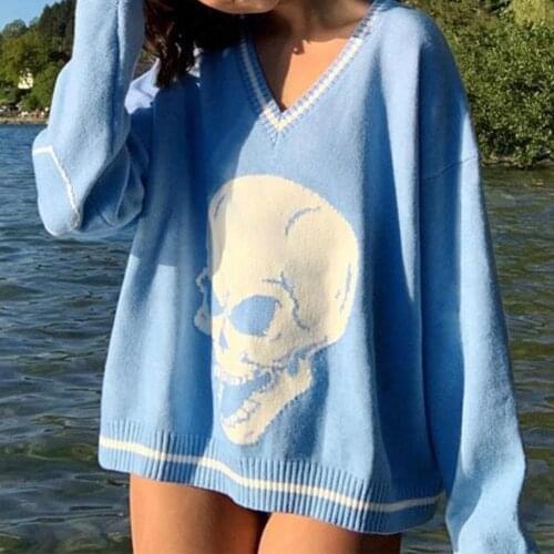 Autumn Winter Print V Neck Knitted Jumpers Casual Long Sleeve Harajuku Sweater Women Streetwear Pullover Female 2021