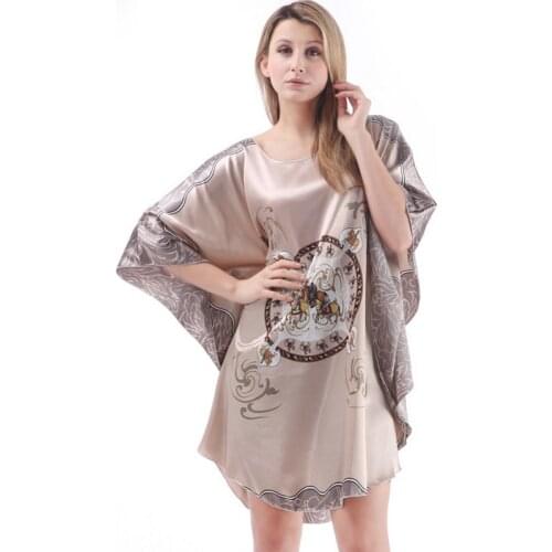 Women Satin Sexy Silk Nightwear Nightshirts Sleepwear Bat Sleeve Knee Length Sleepshirts Nightdress Pink Night Wear Dress Gown