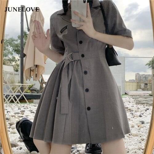 JuneLove 2021 Women Elegant Solid High Waits Turn Down Collar Blazer Dress Female Sashe Botton Dress Office Lady Party Vestidos