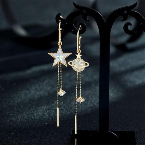 VOQ Asymmetric Drop Earrings Star Moon Cute Long Tassel Earrings for Women Temperament Female Wedding Kpop Crystal Jewelry
