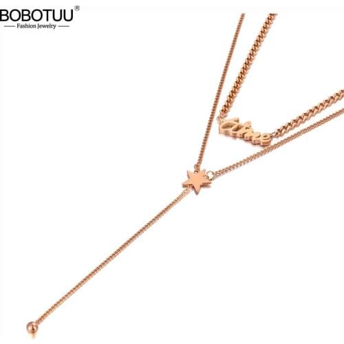 BOBOTUU Goth Stainless Steel Double-layer Time & Star Charm Choker Necklace Bohemia Pendant Necklaces For Women Girls BN20083