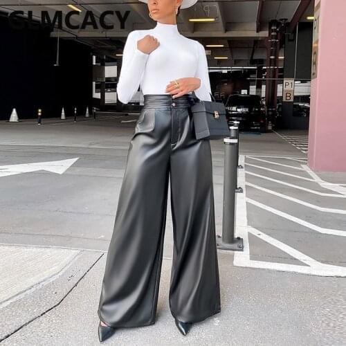 Women High Waist Wide Leg PU Leather Pants Elegant Chic Streetwear Trousers Pants
