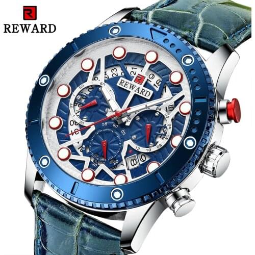 REWARD VIP Leather Watch Men Waterproof Chronograph Big Dial Sport Fashion Quartz Wrist Watch Male Clock Relogio Masculino