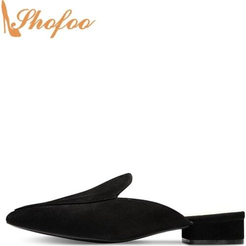 Black Pumps Low Chunky Heels Women Pointed Toe Flock Slip On Large Size 12 16 Ladies Fashion Office Mature Mules Shoes Shofoo